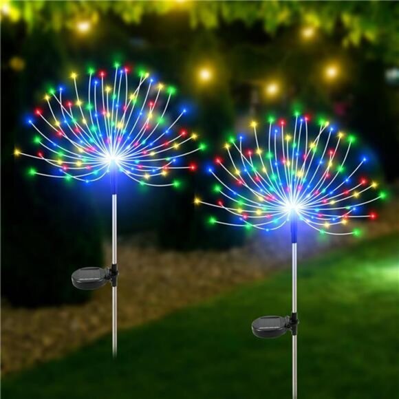 Solar Garden Lights Outdoor Waterproof, 2 Pack 120 LED Solar Firework Lights - Picture 1 of 7